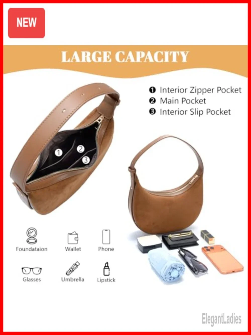 Suede Faux Leather Crescent Hobo Crossbody Bag with Adjustable Strap